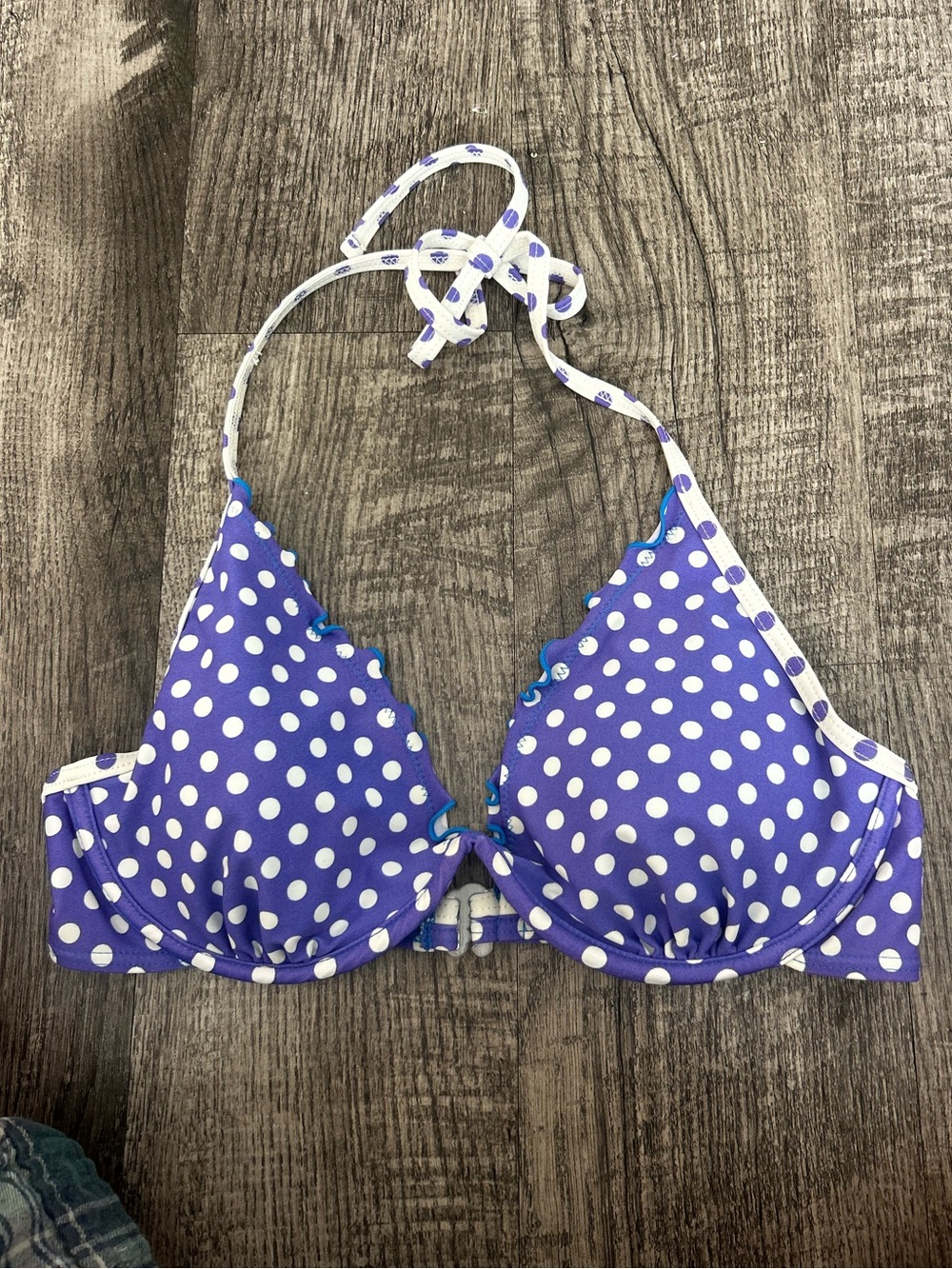 SO Purple and White Polka Dot Bikini Top with Scalloped Trim